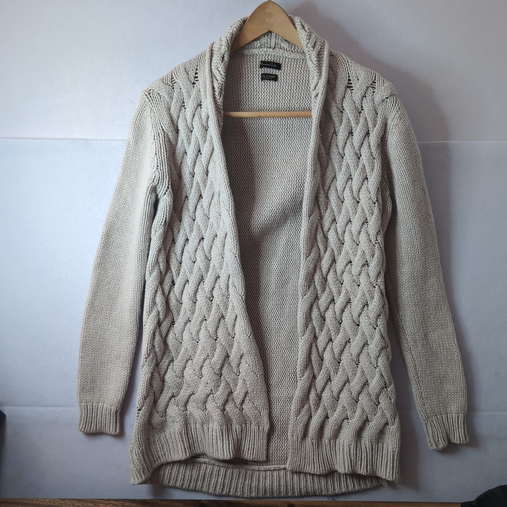 Massimo Dutti Wool Cashmere Cable Knit Cardigan Beige Shawl Collar Italy